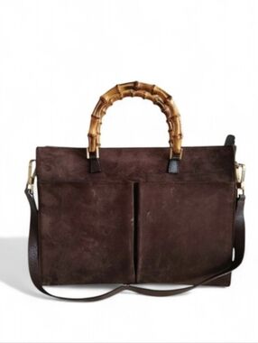 Gucci Brown Suede & Leather Bamboo Satchel Shoulder Bag